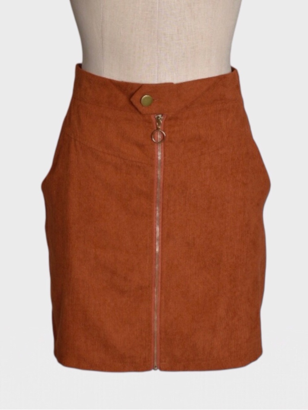 Corduroy Front Zip Ring Pull Mini Skirt